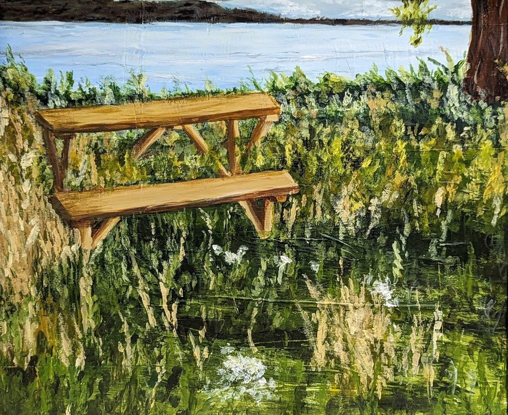 "Lonely Bench by the Lake," Allison Prisk,10 FAHS, Acrylic, Mixed Media, and Collage on Paper, Mr. Korb.